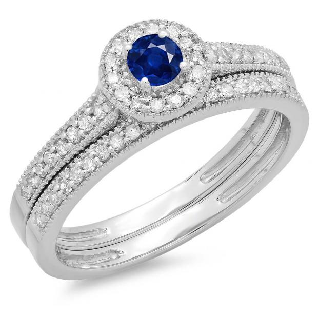 0.50 Carat (ctw) 10K White Gold Round Blue Sapphire & White Diamond Ladies Halo Style Bridal Engagement Ring With Matching Band Set 1/2 CT