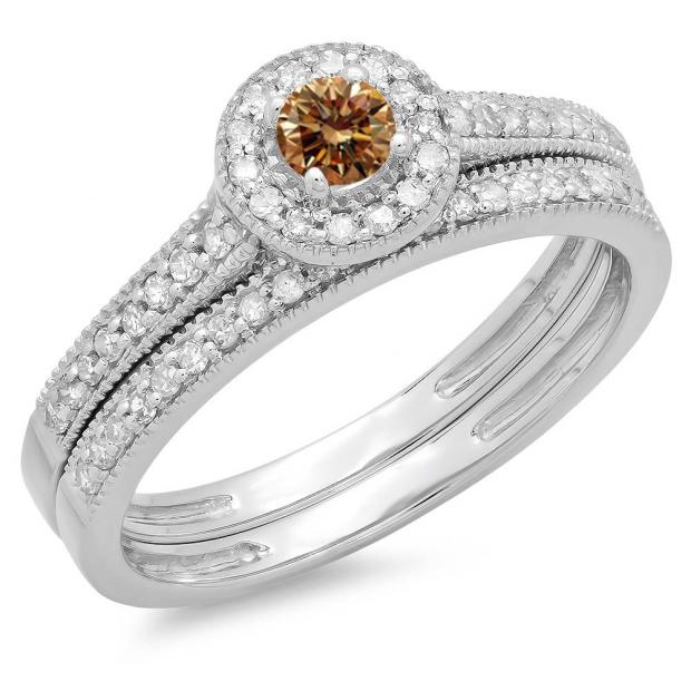 0.50 Carat (ctw) 10K White Gold Round Champagne & White Diamond Ladies Halo Style Bridal Engagement Ring With Matching Band Set 1/2 CT