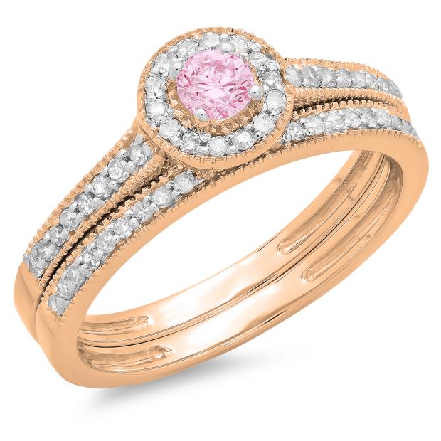 0.50 Carat (ctw) 10K Rose Gold Round Pink Sapphire & White Diamond Ladies Halo Style Bridal Engagement Ring With Matching Band Set 1/2 CT