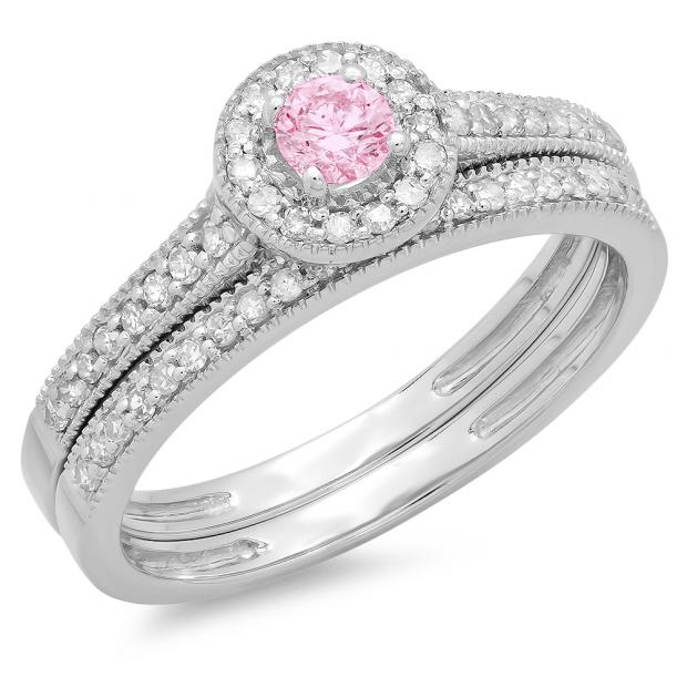 0.50 Carat (ctw) 10K White Gold Round Pink Sapphire & White Diamond Ladies Halo Style Bridal Engagement Ring With Matching Band Set 1/2 CT