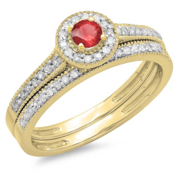 0.50 Carat (ctw) 10K Yellow Gold Round Red Ruby & White Diamond Ladies Halo Style Bridal Engagement Ring With Matching Band Set 1/2 CT