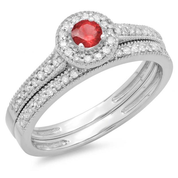 0.50 Carat (ctw) 14K White Gold Round Red Ruby & White Diamond Ladies Halo Style Bridal Engagement Ring With Matching Band Set 1/2 CT
