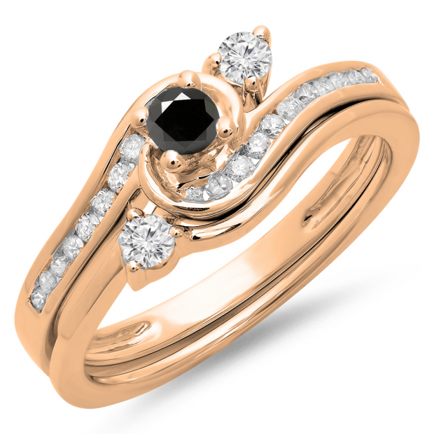0.50 Carat (ctw) 10K Rose Gold Round Black & White Diamond Ladies Bridal Twisted Swirl Engagement Ring With Matching Band Set 1/2 CT