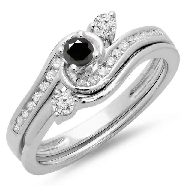 0.50 Carat (ctw) 10K White Gold Round Black & White Diamond Ladies Bridal Twisted Swirl Engagement Ring With Matching Band Set 1/2 CT
