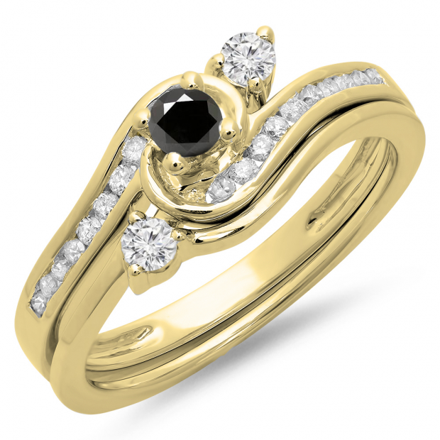0.50 Carat (ctw) 14K Yellow Gold Round Black & White Diamond Ladies Bridal Twisted Swirl Engagement Ring With Matching Band Set 1/2 CT