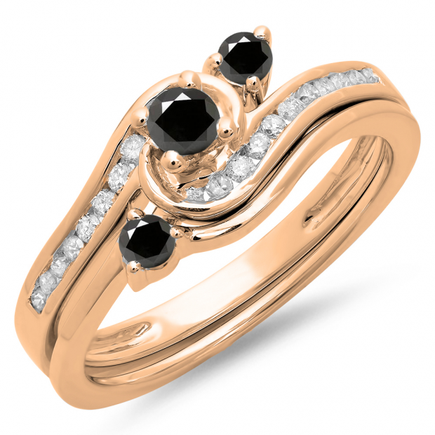 0.50 Carat (ctw) 18K Rose Gold Round Black & White Diamond Ladies Bridal Twisted Swirl Engagement Ring With Matching Band Set 1/2 CT