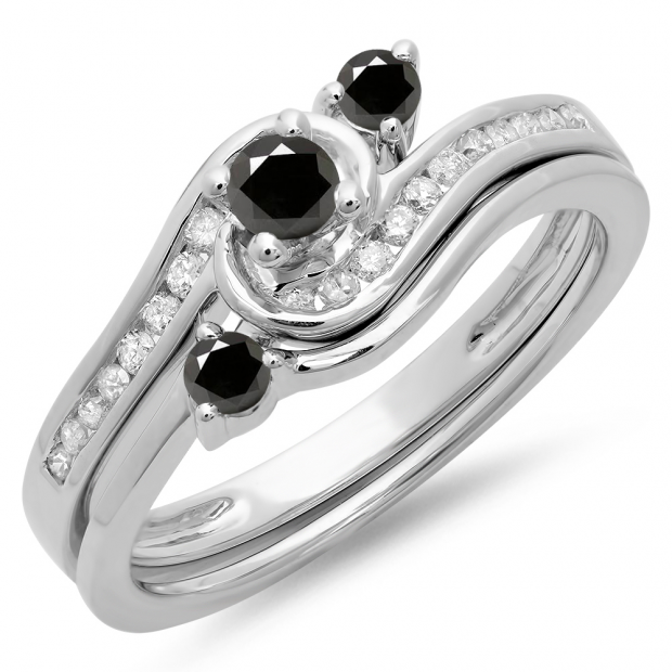 0.50 Carat (ctw) 18K White Gold Round Black & White Diamond Ladies Bridal Twisted Swirl Engagement Ring With Matching Band Set 1/2 CT