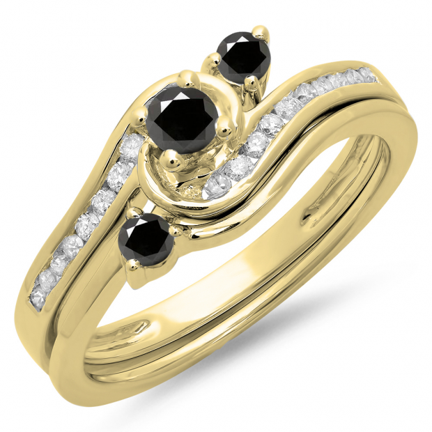 0.50 Carat (ctw) 18K Yellow Gold Round Black & White Diamond Ladies Bridal Twisted Swirl Engagement Ring With Matching Band Set 1/2 CT