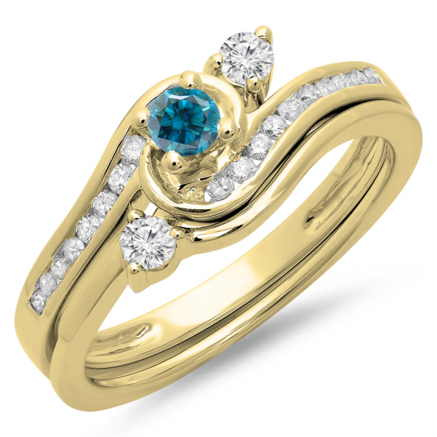 0.50 Carat (ctw) 14K Yellow Gold Round Blue & White Diamond Ladies Bridal Twisted Swirl Engagement Ring With Matching Band Set 1/2 CT