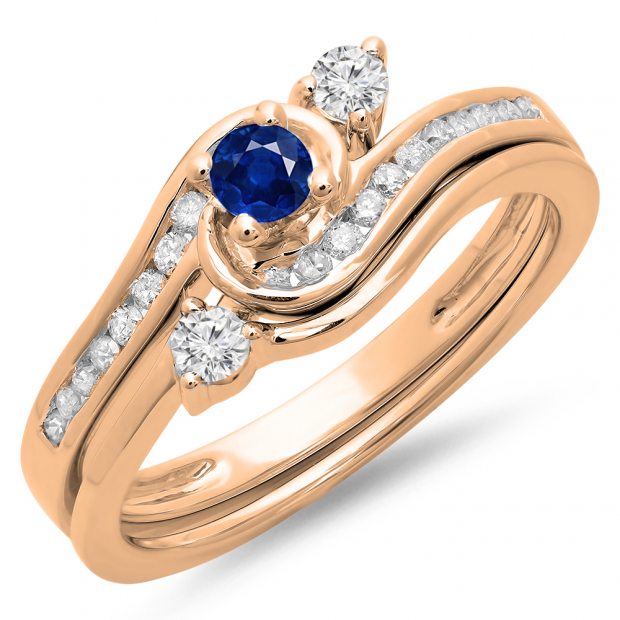0.50 Carat (ctw) 10K Rose Gold Round Blue Sapphire & White Diamond Ladies Bridal Twisted Swirl Engagement Ring With Matching Band Set 1/2 CT