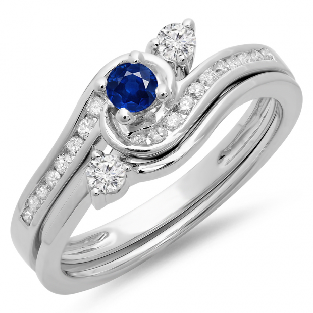 0.50 Carat (ctw) 10K White Gold Round Blue Sapphire & White Diamond Ladies Bridal Twisted Swirl Engagement Ring With Matching Band Set 1/2 CT
