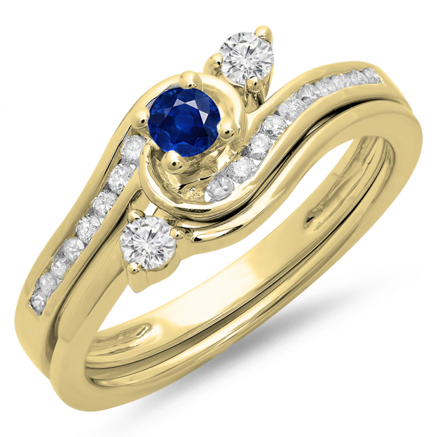 0.50 Carat (ctw) 10K Yellow Gold Round Blue Sapphire & White Diamond Ladies Bridal Twisted Swirl Engagement Ring With Matching Band Set 1/2 CT