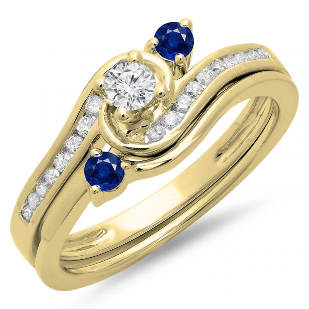 0.50 Carat (ctw) 14K Yellow Gold Round Blue Sapphire & White Diamond Ladies Bridal Twisted Swirl Engagement Ring With Matching Band Set 1/2 CT