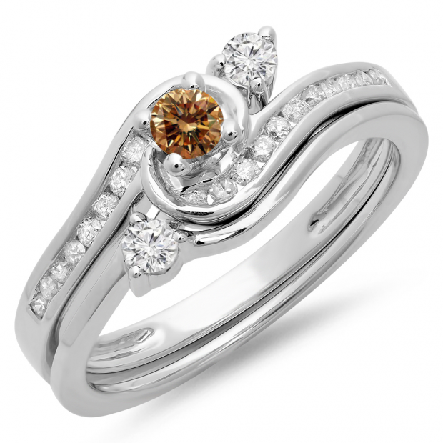0.50 Carat (ctw) 14K White Gold Round Champagne & White Diamond Ladies Bridal Twisted Swirl Engagement Ring With Matching Band Set 1/2 CT