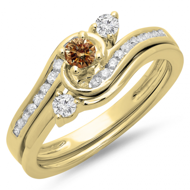 0.50 Carat (ctw) 14K Yellow Gold Round Champagne & White Diamond Ladies Bridal Twisted Swirl Engagement Ring With Matching Band Set 1/2 CT