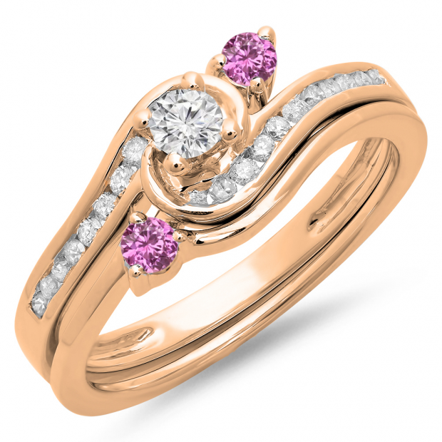 0.50 Carat (ctw) 10K Rose Gold Round Pink Sapphire & White Diamond Ladies Bridal Twisted Swirl Engagement Ring With Matching Band Set 1/2 CT