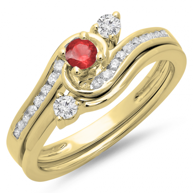 0.50 Carat (ctw) 10K Yellow Gold Round Red Ruby & White Diamond Ladies Bridal Twisted Swirl Engagement Ring With Matching Band Set 1/2 CT