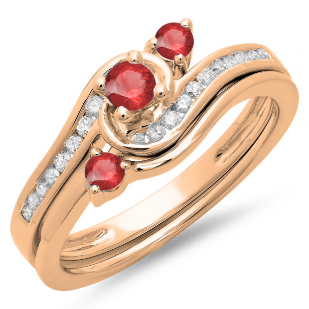 0.50 Carat (ctw) 10K Rose Gold Round Red Ruby & White Diamond Ladies Bridal Twisted Swirl Engagement Ring With Matching Band Set 1/2 CT
