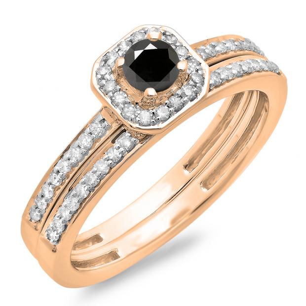 0.55 Carat (ctw) 14K Rose Gold Round Cut Black & White Diamond Ladies Halo Engagement Bridal Ring With Matching Band Set 1/2 CT