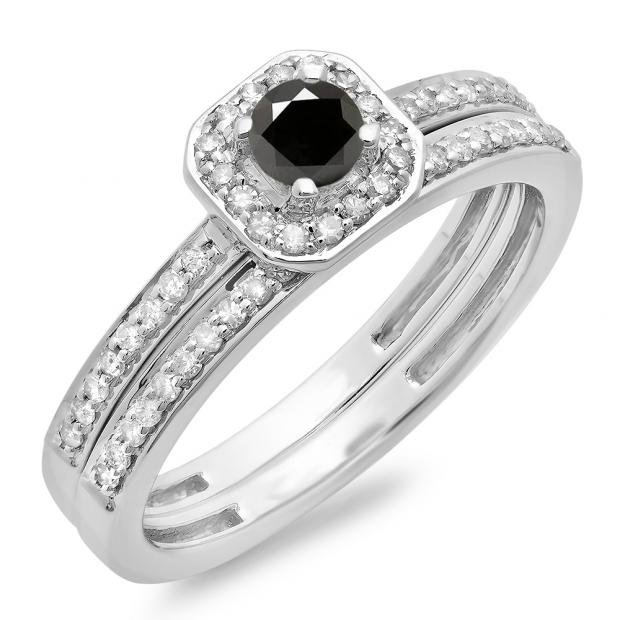 0.55 Carat (ctw) 14K White Gold Round Cut Black & White Diamond Ladies Halo Engagement Bridal Ring With Matching Band Set 1/2 CT