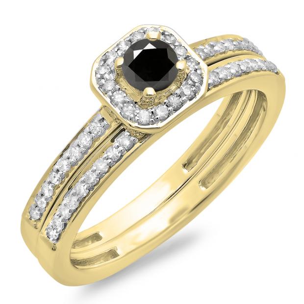 0.55 Carat (ctw) 14K Yellow Gold Round Cut Black & White Diamond Ladies Halo Engagement Bridal Ring With Matching Band Set 1/2 CT