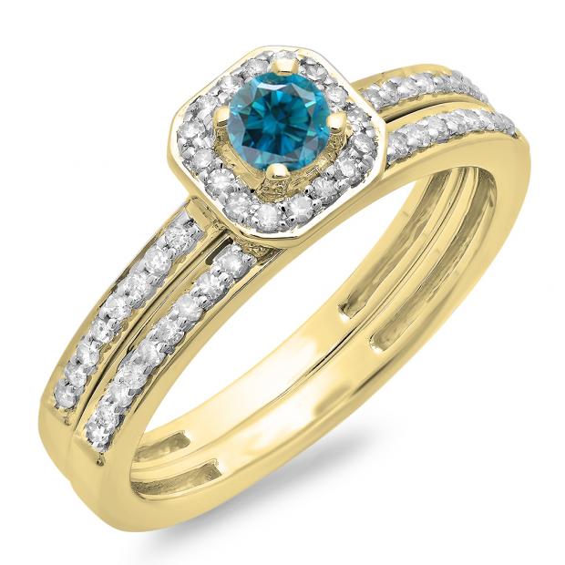 0.55 Carat (ctw) 10K Yellow Gold Round Cut Blue & White Diamond Ladies Halo Engagement Bridal Ring With Matching Band Set 1/2 CT