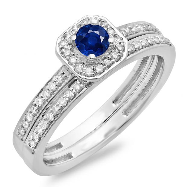 0.55 Carat (ctw) 10K White Gold Round Cut Blue Sapphire & White Diamond Ladies Halo Engagement Bridal Ring With Matching Band Set 1/2 CT