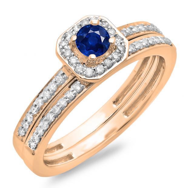 0.55 Carat (ctw) 18K Rose Gold Round Cut Blue Sapphire & White Diamond Ladies Halo Engagement Bridal Ring With Matching Band Set 1/2 CT