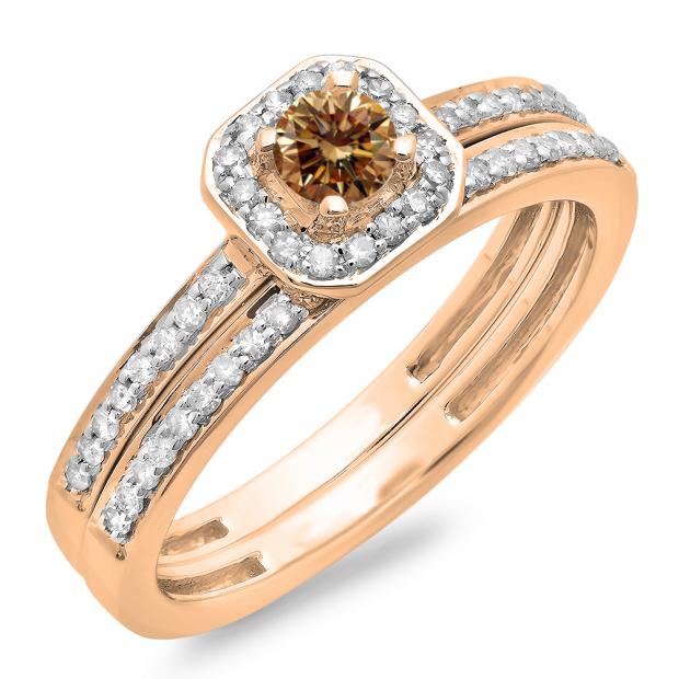 0.55 Carat (ctw) 10K Rose Gold Round Cut Champagne & White Diamond Ladies Halo Engagement Bridal Ring With Matching Band Set 1/2 CT