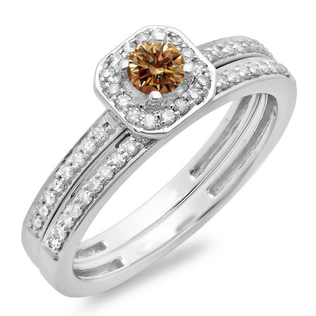 0.55 Carat (ctw) 10K White Gold Round Cut Champagne & White Diamond Ladies Halo Engagement Bridal Ring With Matching Band Set 1/2 CT
