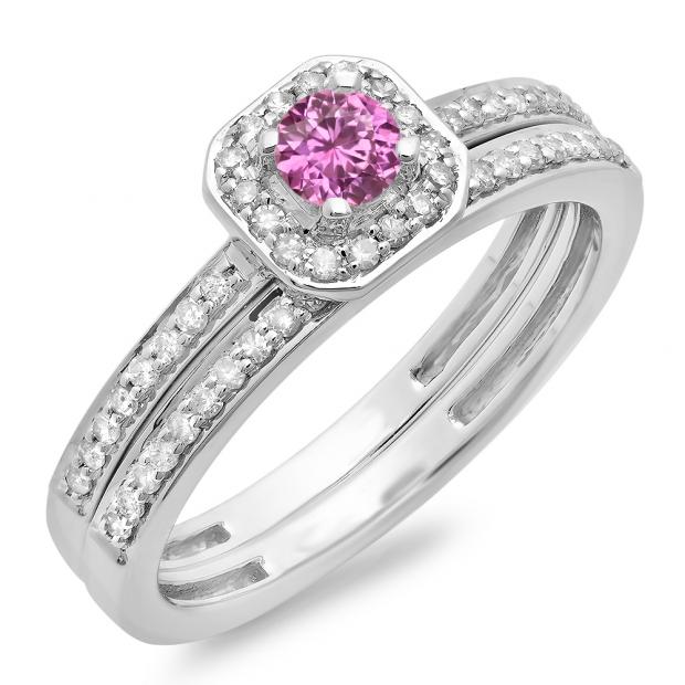 0.55 Carat (ctw) 10K White Gold Round Cut Pink Sapphire & White Diamond Ladies Halo Engagement Bridal Ring With Matching Band Set 1/2 CT