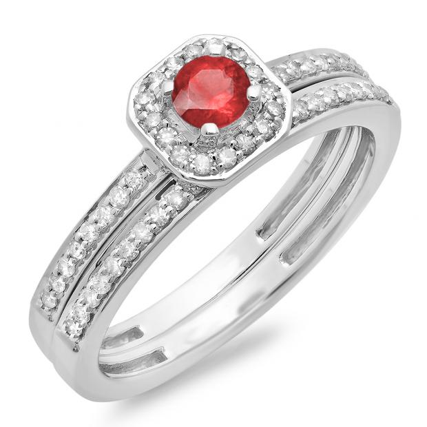 0.55 Carat (ctw) 14K White Gold Round Cut Red Ruby & White Diamond Ladies Halo Engagement Bridal Ring With Matching Band Set 1/2 CT