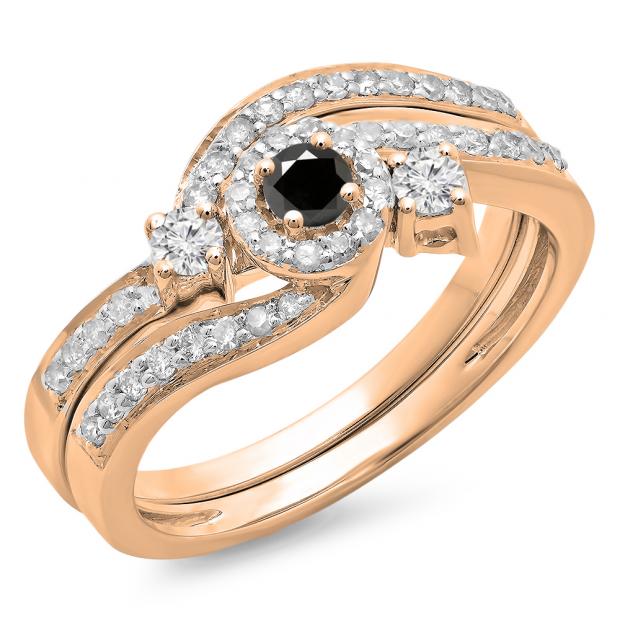 0.65 Carat (ctw) 10K Rose Gold Round Black & White Diamond Ladies Twisted Swirl Bridal Halo Engagement Ring With Matching Band Set