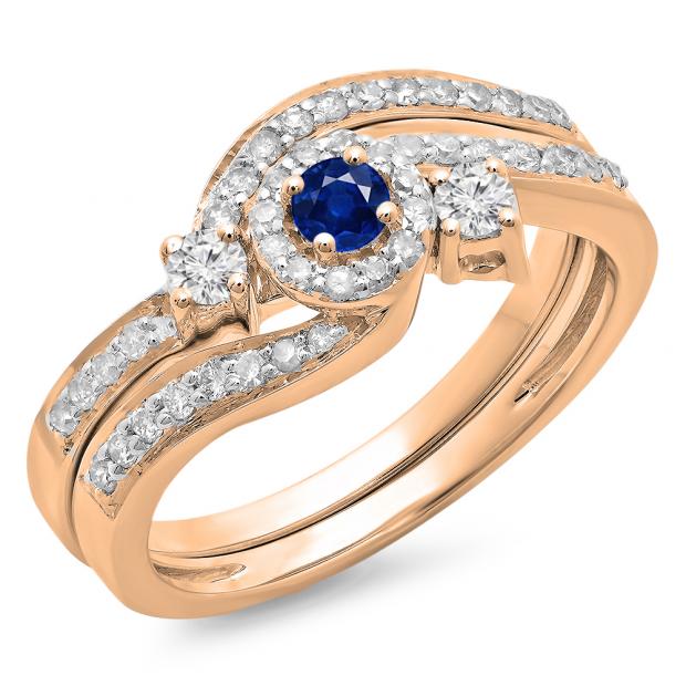 0.65 Carat (ctw) 18K Rose Gold Round Blue Sapphire & White Diamond Ladies Twisted Swirl Bridal Halo Engagement Ring With Matching Band Set
