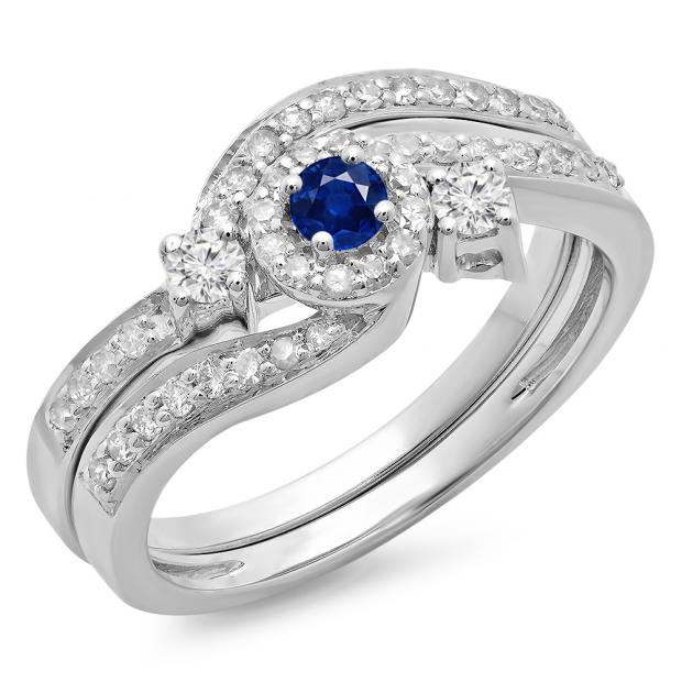 0.65 Carat (ctw) 18K White Gold Round Blue Sapphire & White Diamond Ladies Twisted Swirl Bridal Halo Engagement Ring With Matching Band Set