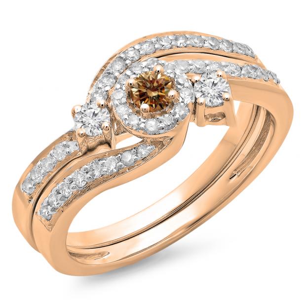0.65 Carat (ctw) 10K Rose Gold Round Champagne & White Diamond Ladies Twisted Swirl Bridal Halo Engagement Ring With Matching Band Set