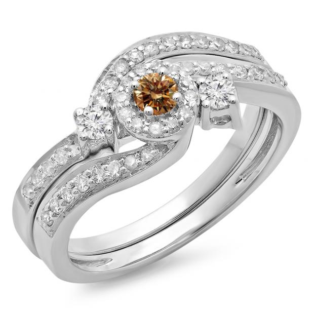 0.65 Carat (ctw) 18K White Gold Round Champagne & White Diamond Ladies Twisted Swirl Bridal Halo Engagement Ring With Matching Band Set