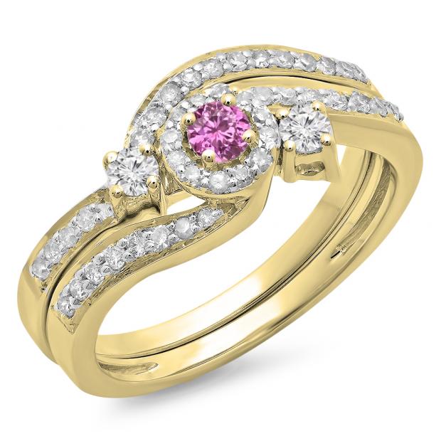 0.65 Carat (ctw) 10K Yellow Gold Round Pink Sapphire & White Diamond Ladies Twisted Swirl Bridal Halo Engagement Ring With Matching Band Set