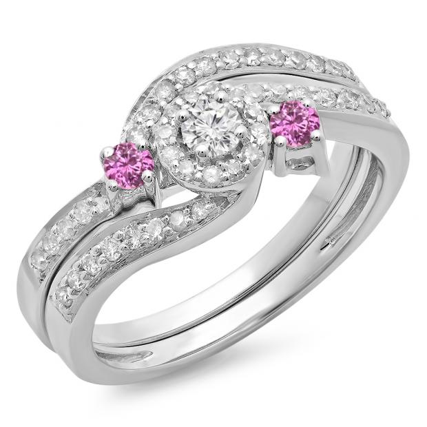 0.65 Carat (ctw) 18K White Gold Round Pink Sapphire & White Diamond Ladies Twisted Swirl Bridal Halo Engagement Ring With Matching Band Set