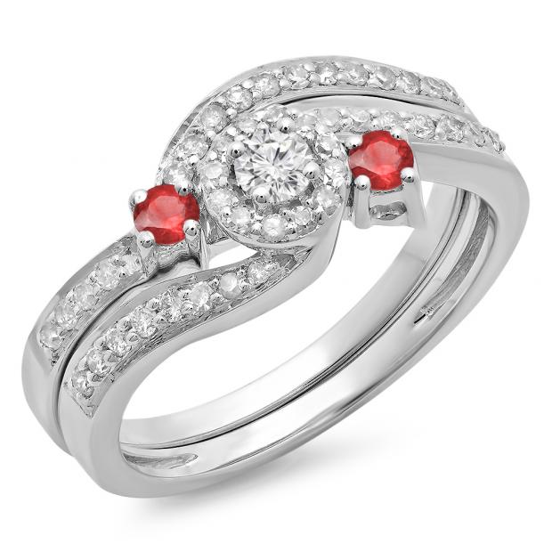 0.65 Carat (ctw) 10K White Gold Round Red Ruby & White Diamond Ladies Twisted Swirl Bridal Halo Engagement Ring With Matching Band Set