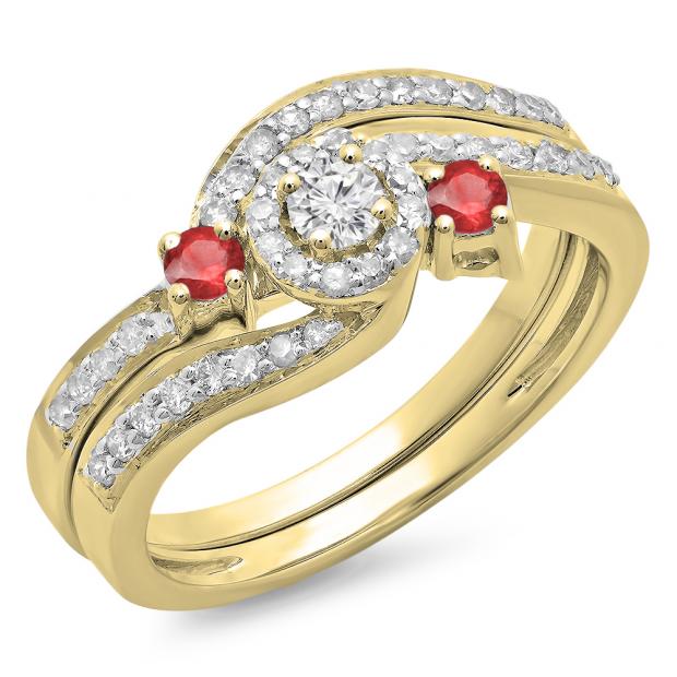 0.65 Carat (ctw) 18K Yellow Gold Round Red Ruby & White Diamond Ladies Twisted Swirl Bridal Halo Engagement Ring With Matching Band Set