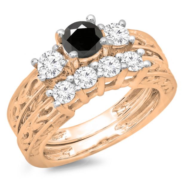 1.50 Carat (ctw) 14K Rose Gold Round Cut Black & White Diamond Ladies Vintage 3 Stone Bridal Engagement Ring With Matching 4 Stone Wedding Band Set 1 1/2 CT