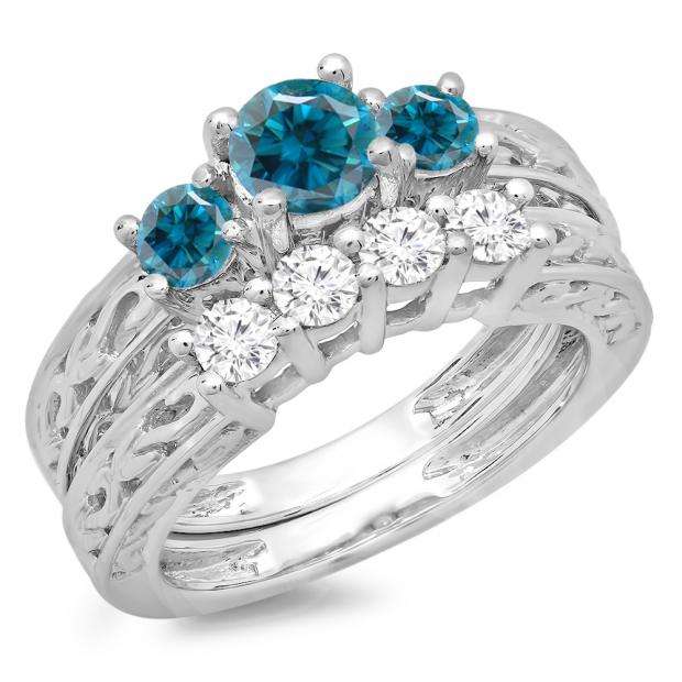 1.50 Carat (ctw) 14K White Gold Round Cut Blue & White Diamond Ladies Vintage 3 Stone Bridal Engagement Ring With Matching 4 Stone Wedding Band Set 1 1/2 CT
