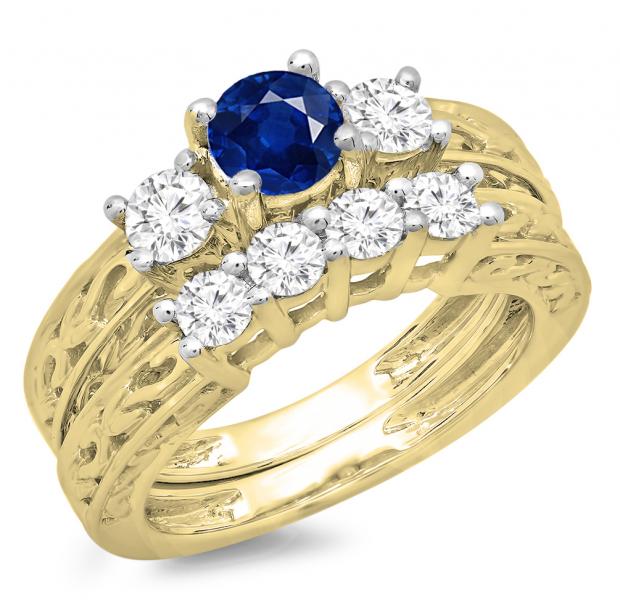 1.50 Carat (ctw) 10K Yellow Gold Round Cut Blue Sapphire & White Diamond Ladies Vintage 3 Stone Bridal Engagement Ring With Matching 4 Stone Wedding Band Set 1 1/2 CT