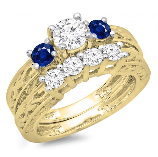 1.50 Carat (ctw) 10K Yellow Gold Round Cut Blue Sapphire & White Diamond Ladies Vintage 3 Stone Bridal Engagement Ring With Matching 4 Stone Wedding Band Set 1 1/2 CT