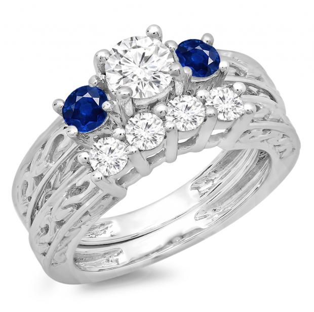 1.50 Carat (ctw) 14K White Gold Round Cut Blue Sapphire & White Diamond Ladies Vintage 3 Stone Bridal Engagement Ring With Matching 4 Stone Wedding Band Set 1 1/2 CT