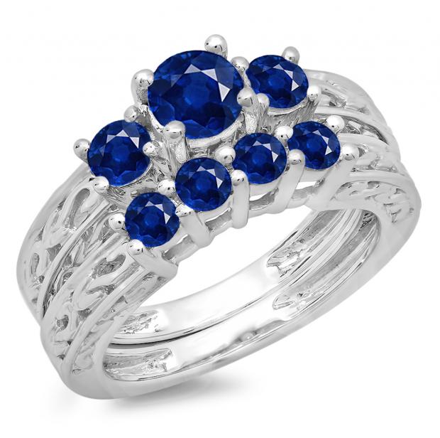 1.50 Carat (ctw) 14K White Gold Round Cut Blue Sapphire Ladies Vintage 3 Stone Bridal Engagement Ring With Matching 4 Stone Engagement Ring