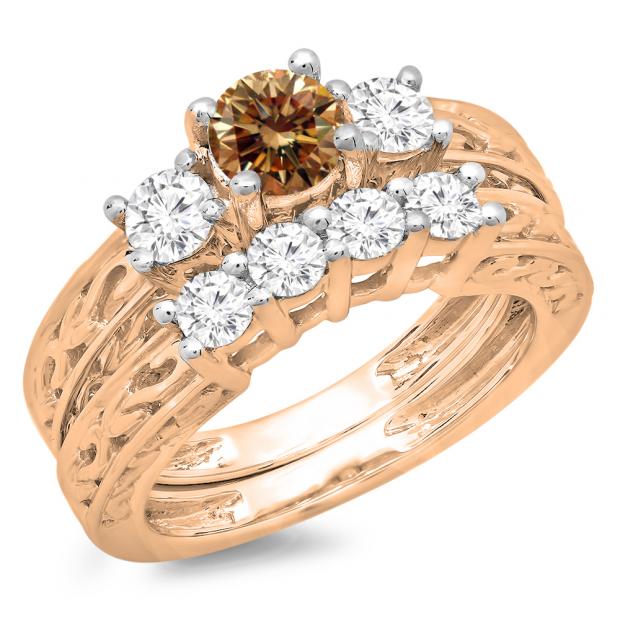 1.50 Carat (ctw) 10K Rose Gold Round Cut Champagne & White Diamond Ladies Vintage 3 Stone Bridal Engagement Ring With Matching 4 Stone Wedding Band Set 1 1/2 CT