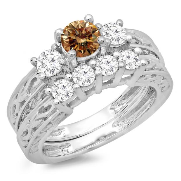 1.50 Carat (ctw) 10K White Gold Round Cut Champagne & White Diamond Ladies Vintage 3 Stone Bridal Engagement Ring With Matching 4 Stone Wedding Band Set 1 1/2 CT