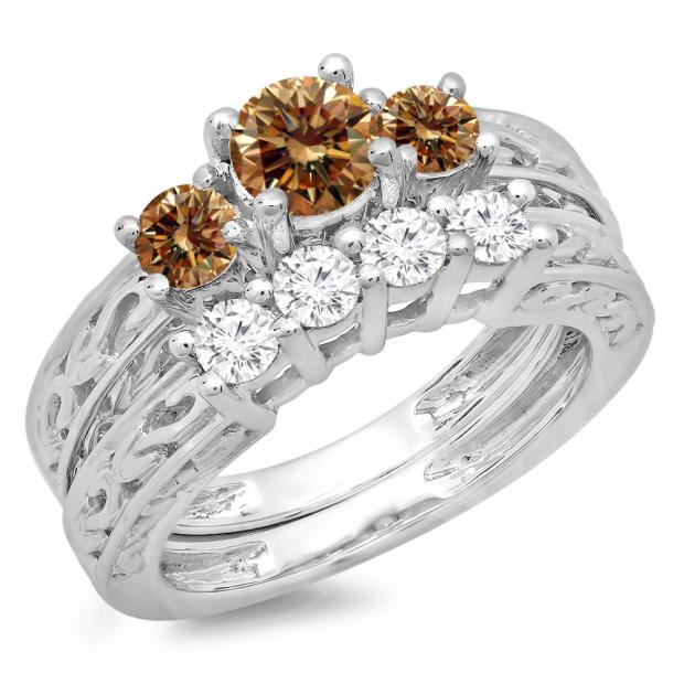 1.50 Carat (ctw) 10K White Gold Round Cut Champagne & White Diamond Ladies Vintage 3 Stone Bridal Engagement Ring With Matching 4 Stone Wedding Band Set 1 1/2 CT